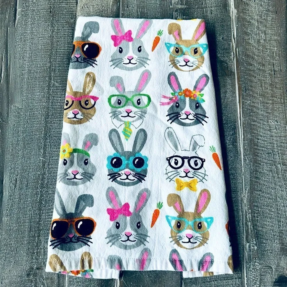 NWOT Easter Bunny Rabbit Glasses Faces Spring Dish Towel